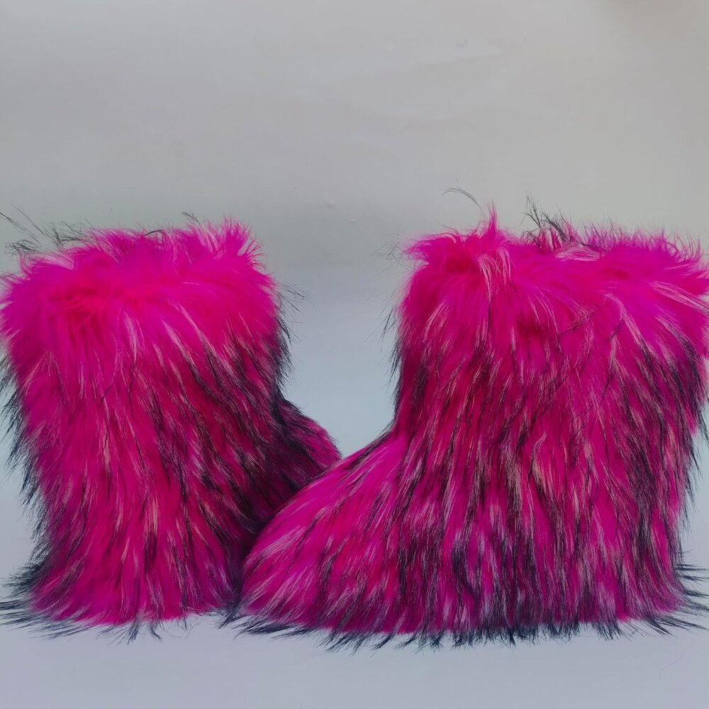⚡Women's Pink Faux Fur Warm Boot Furry Short Snow Boot Mid Calf Boots - Picture 5 of 7